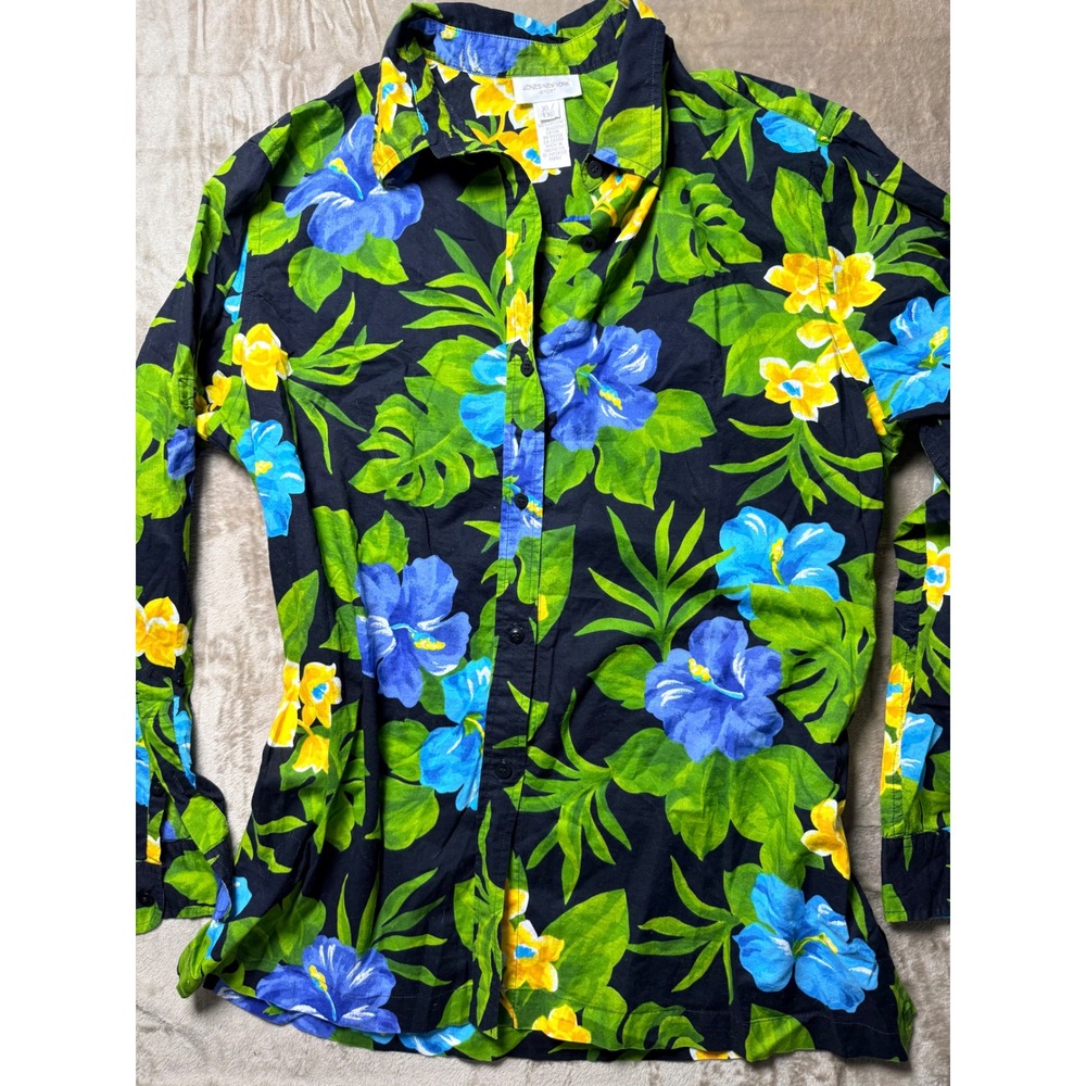 Jones New York Sport Womens XL Floral Button Down Shirt Tropical Hibiscus Cotton